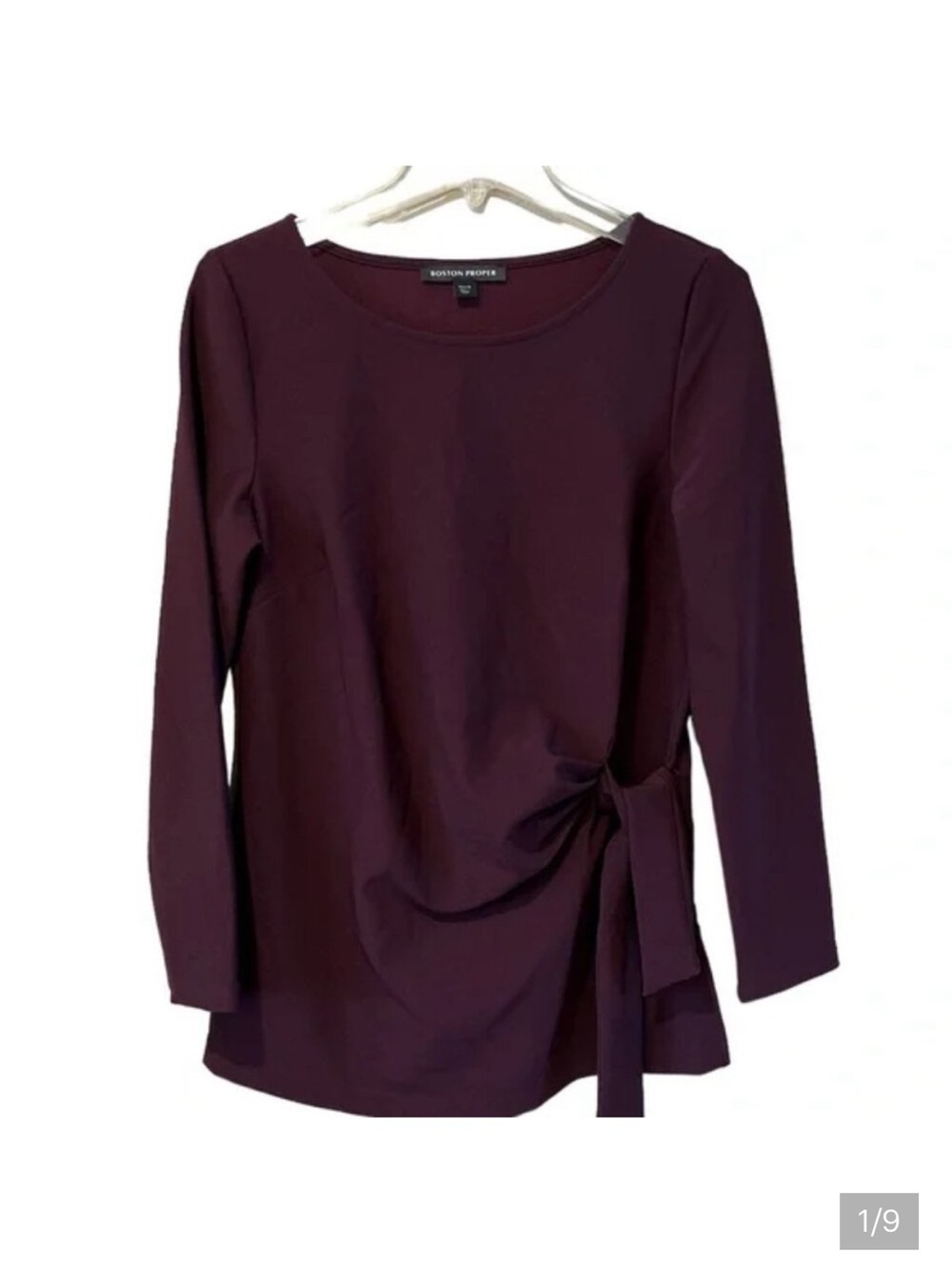 Boston Proper side tie blouse long sleeves dark purple/maroon. Size Large. EUC